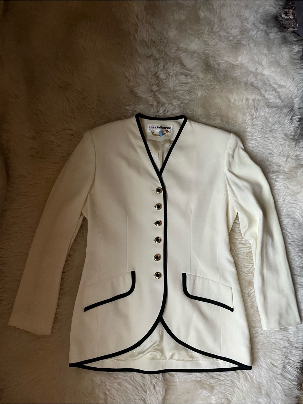 Vintage Liz Claiborne White Blazer w/ Black Trim Notch 6-Button Lined Size 10